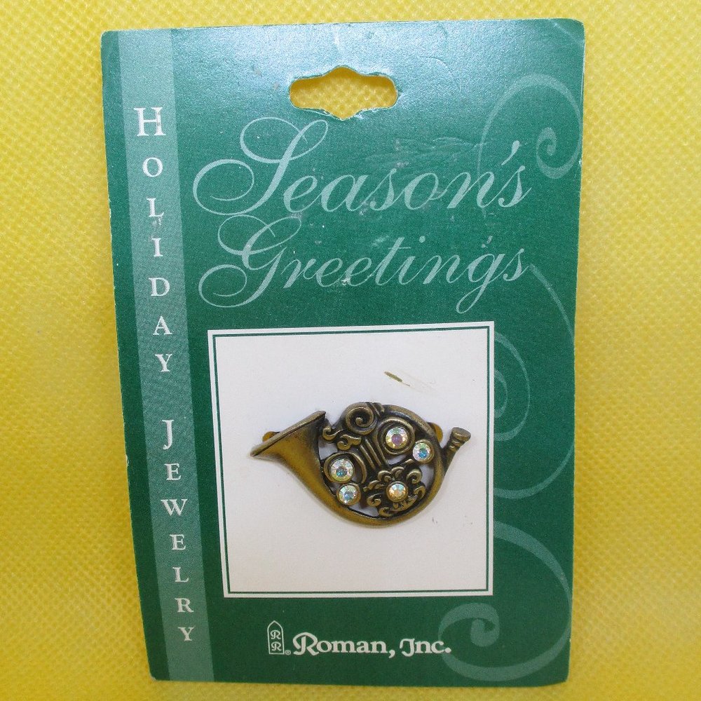 2002 Roman Inc Christmas AB French Horn Brooch Roman Inc Seasons Greetings Pin